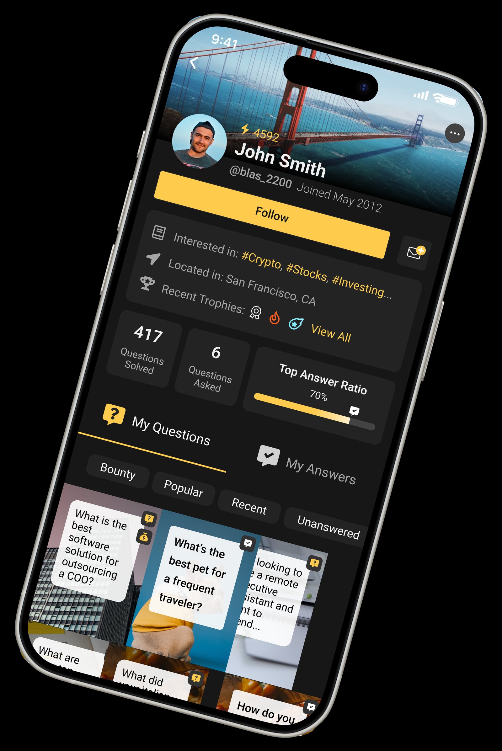 Solvr profile with engagement stats and achievements